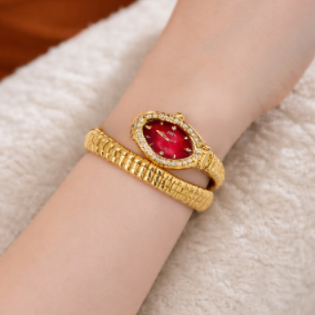 Luxury Red Crystal Snake Wrap Watch | Gold Tone Cuff Bracelet Watch for Women Buy jasuniq Women main image 2