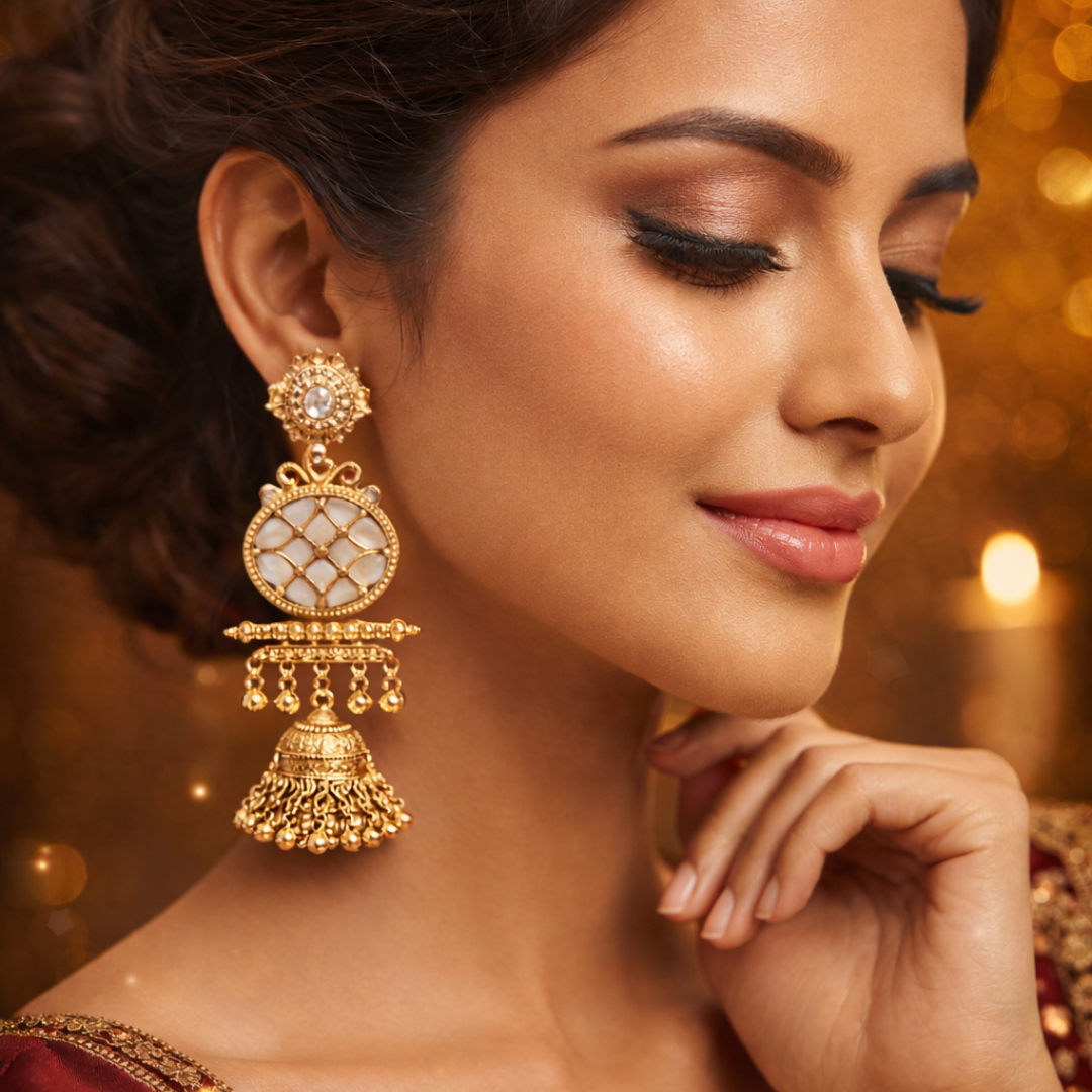 heart choice Gold Plated Kundan Jhumka Earrings with White Stone – Traditional Indian Wedding Jewellery for Women