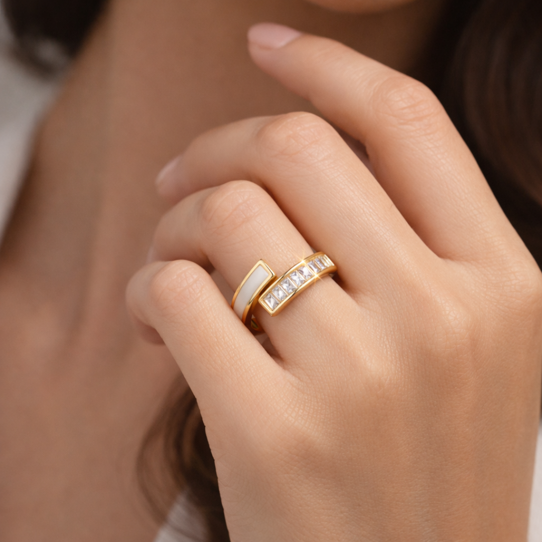 Gold Plated Adjustable Ring with Crystal Stones – Elegant Diamond Style Ring for Women