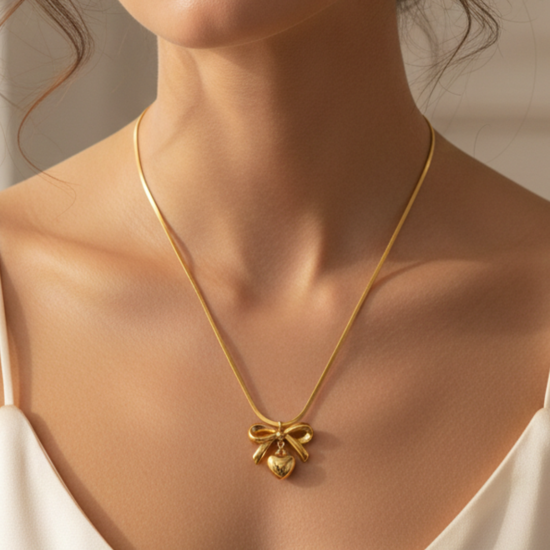 Gold Plated Bow Heart Pendant Necklace for Women – Minimalist Romantic Jewellery