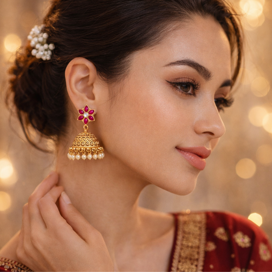Gold Plated Ruby Red Floral Jhumka Earrings with Pearl Drops – Traditional Indian Wedding Jewellery