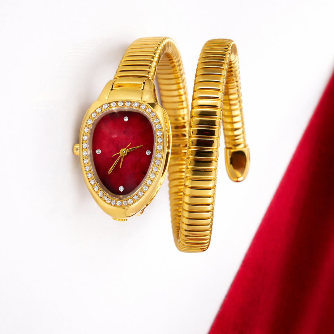 Gold plated women bracelet watch with red dial and crystal studded bezel