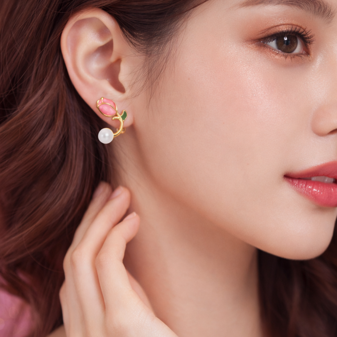 Gold plated pink floral pearl stud earrings for women daily wear jewellery