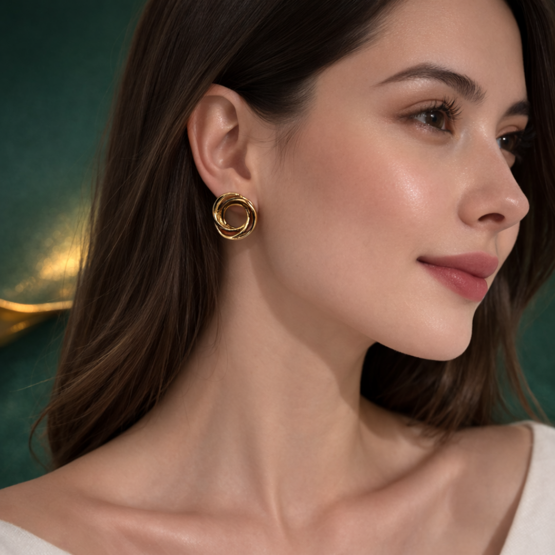 Modern gold knot stud earrings with interlocking circle design worn by a woman.
