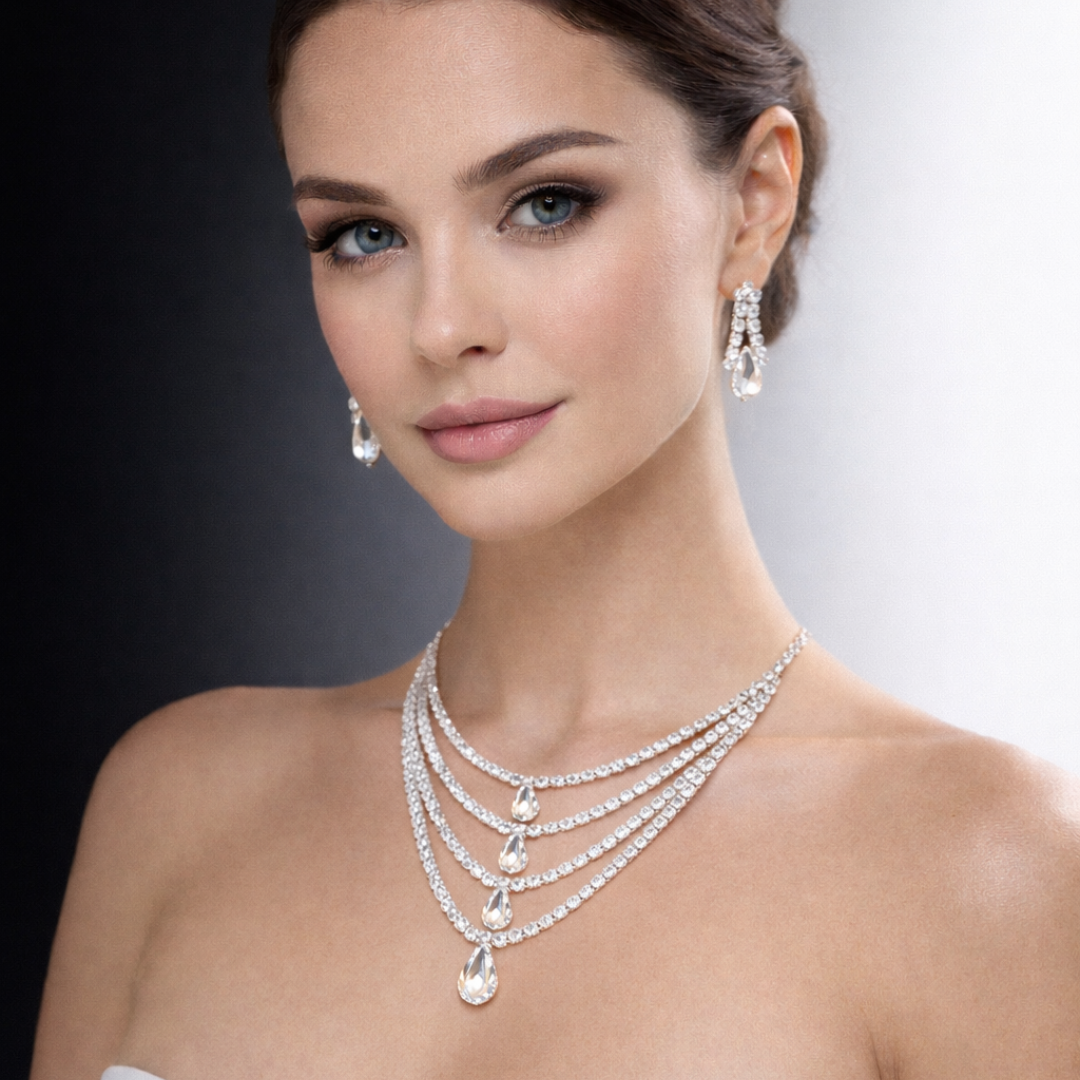 Elegant woman wearing a layered diamond necklace with crystal teardrop pendants and matching drop earrings.