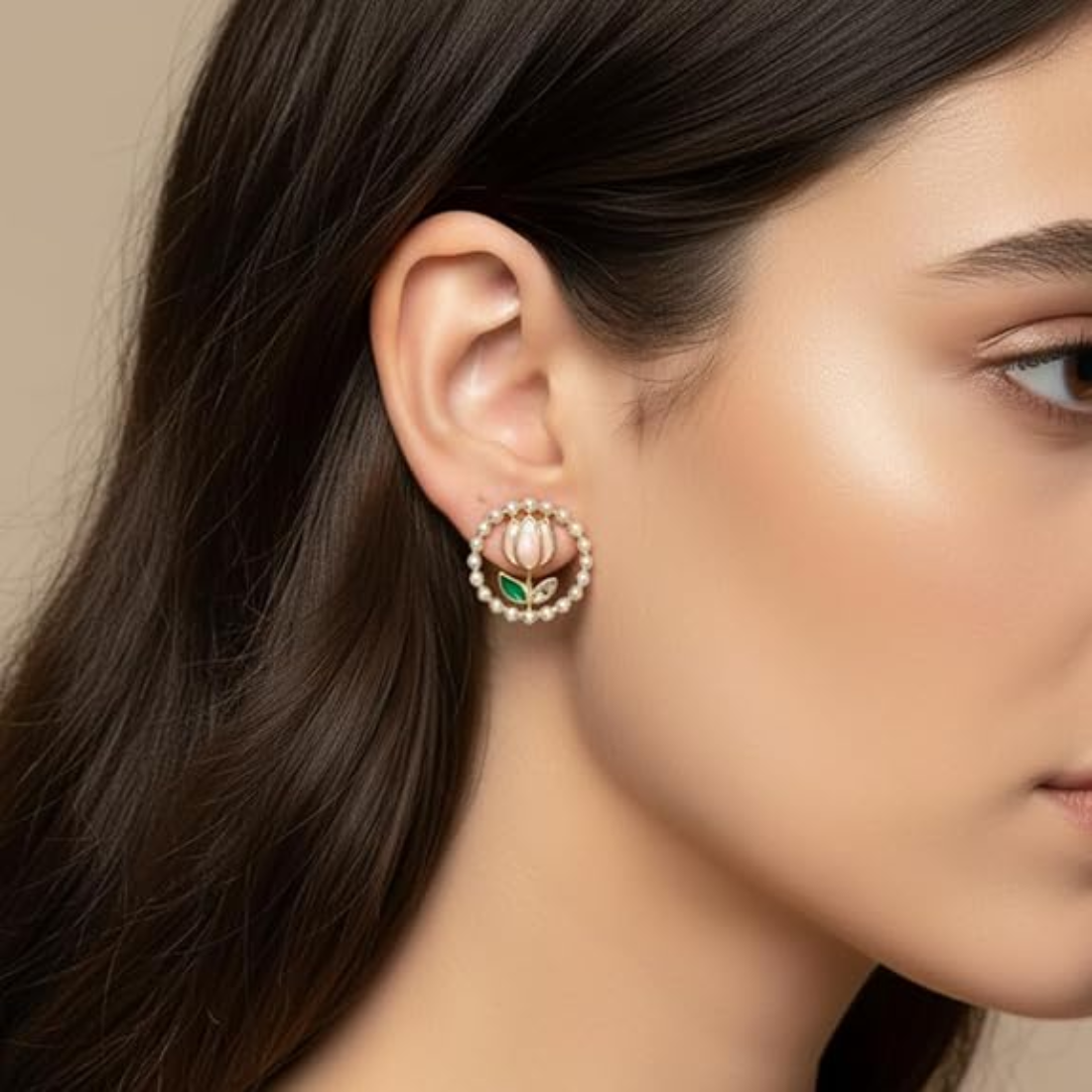 Lotus pearl stud earrings with green stone accents for women ethnic wear