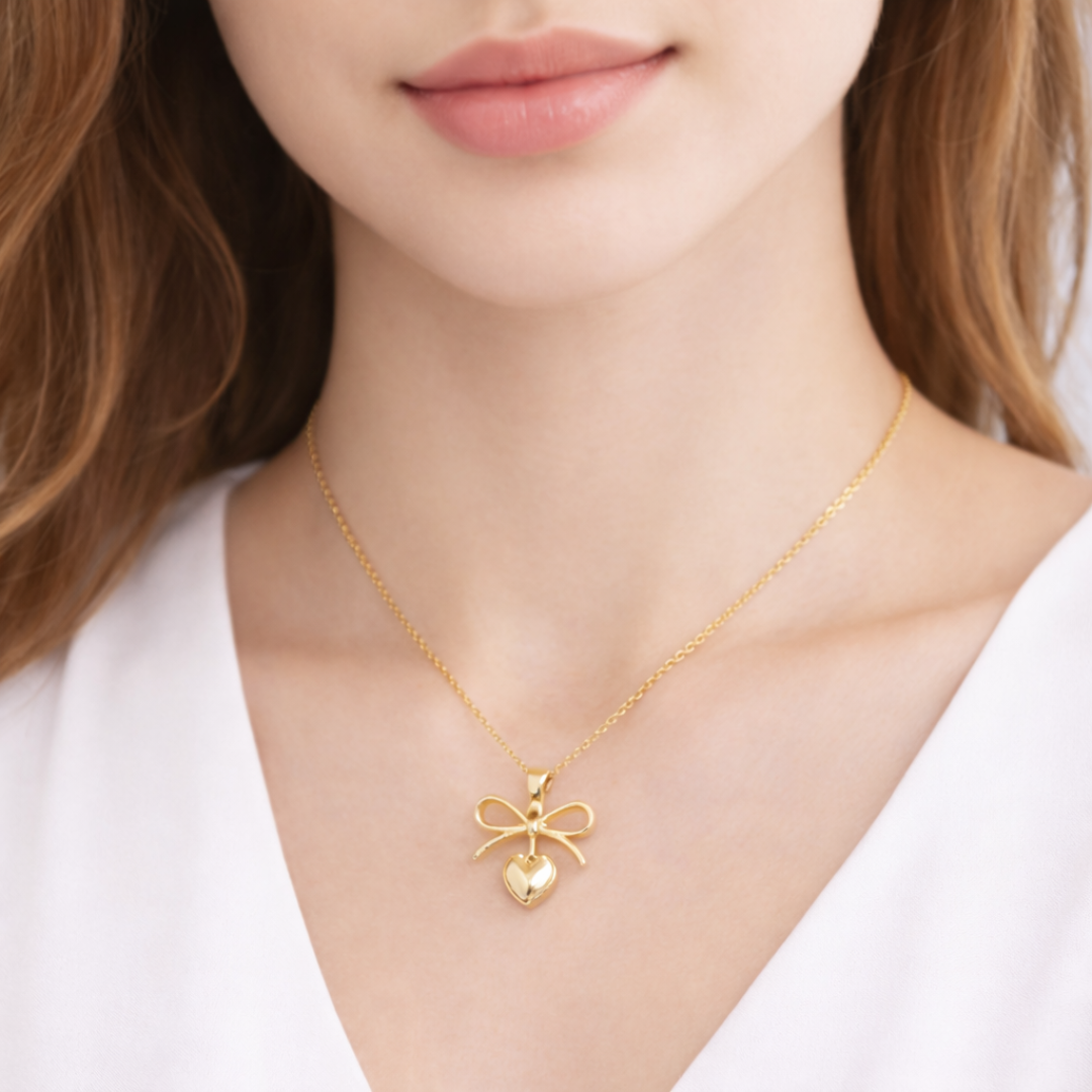 Gold bow heart pendant necklace for women minimalist chain jewellery