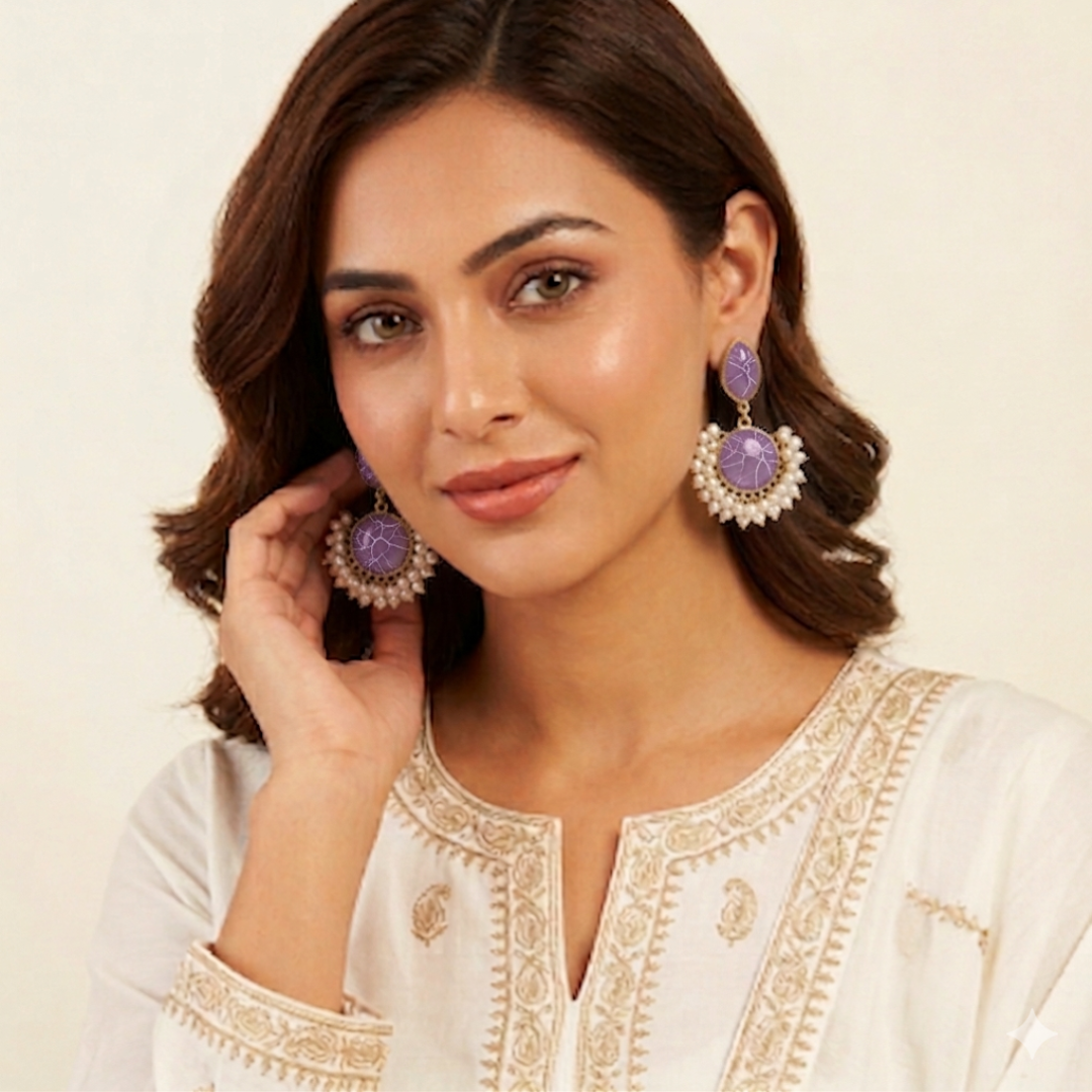 Elegant Lavender Purple Stone & Pearl Drop Earrings for Women | Traditional Ethnic Dangle Earrings | Wedding & Party Jewelry
